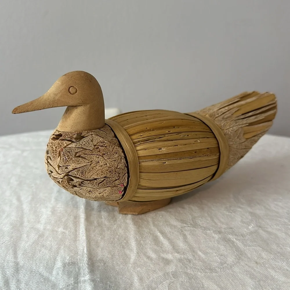 Handmade Wood Straw Duck Statue Art Deco